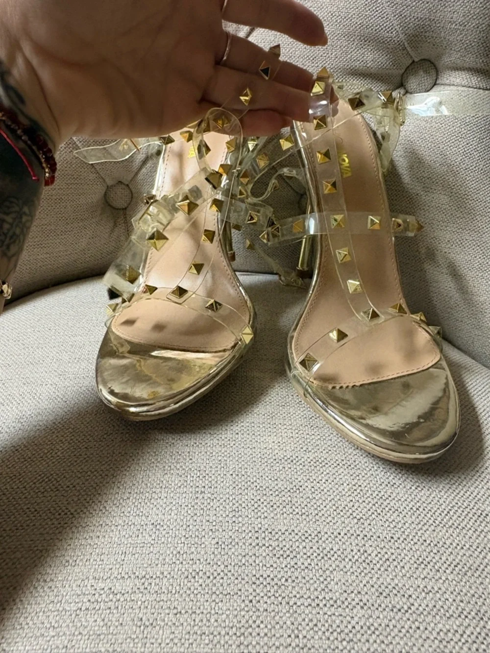 Fashion Nova clear/studded Women's Sandals in Nude/Gold